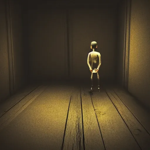 Image similar to dark attic with the man with a doll head, dark ,night, 3D, videogame