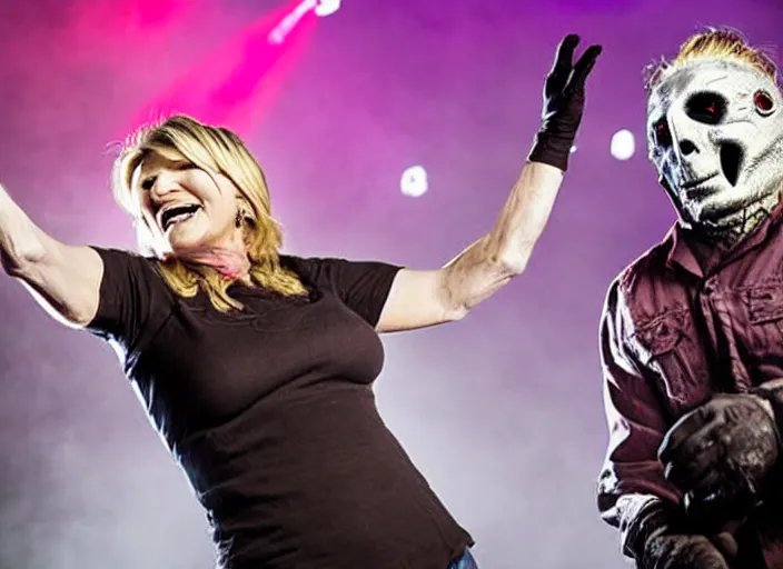 Image similar to publicity photo still of martha stewart in slipknot playing live on stage, 8 k, live concert lighting, mid shot