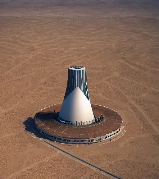 Image similar to dominador radial vertical solar power plant in the desert, spatial structure, former gasometer in rome, white sheets, trending on artstation, behance, octane render, award winning, archviz, matte painting, epic