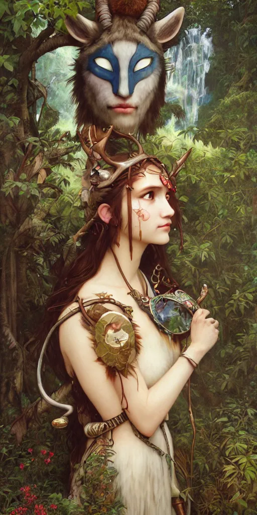 Prompt: hyper realistic Princess Mononoke wearing her mask, lush forest landscape, style of tom bagshaw, mucha, james gurney, norman rockwell, gems and gold, waterfalls, denoised, sharp,