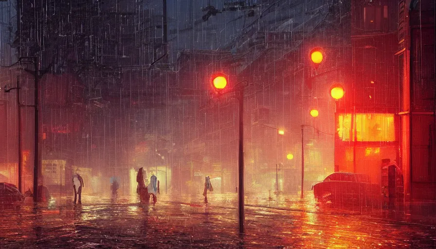 Image similar to A digital painting of a close-up view of a raining cyberpunk street, some street lights and padestrians, by Ismail Inceoglu and Caspar David Friedrich, stunning, photorealistic, highly-detailed, 4k, ue5, light effect, rtx on, realistic, cinematic, IMAX quality, trending on artstation