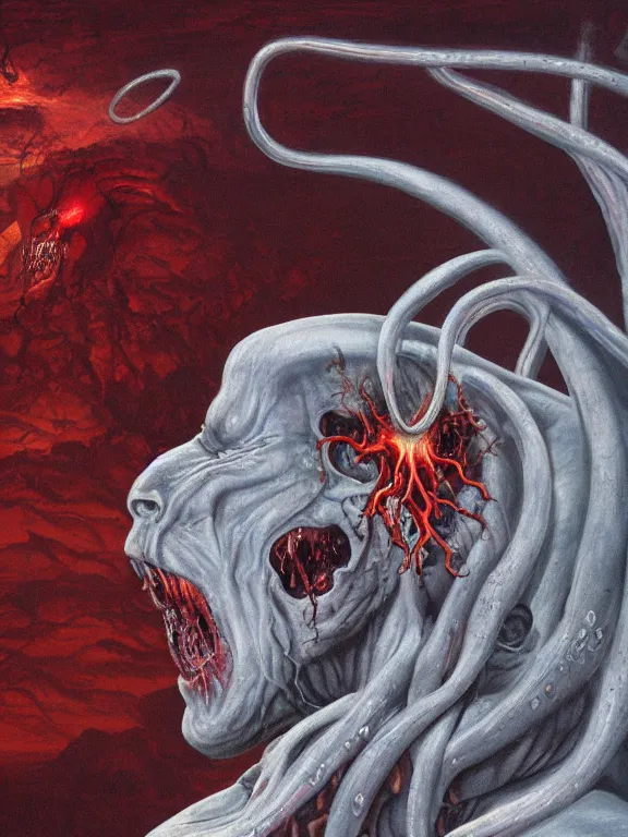 Image similar to wayne barlowe painting of a flying sorrowful looking severed human head with tears running down it's eyes, face that is chalk white in color, with long white tentacles stemming from it's neck, fiery scorching red eyes, background sprawling terrifying hellish cave with lava flowing through it's walls, 4 k