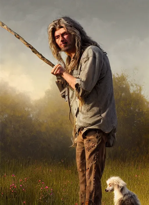 Image similar to highly detailed hyperrealistic painting of a blonde long - haired hillbilly standing in front of old rough house holding a stick, with his fluffy black and gray australian shepherd, bonfire, stephen bliss, art by greg rutkowski, loish, rhads, ferdinand knab, makoto shinkai and lois van baarle, tom bagshaw, global illumination, artstation