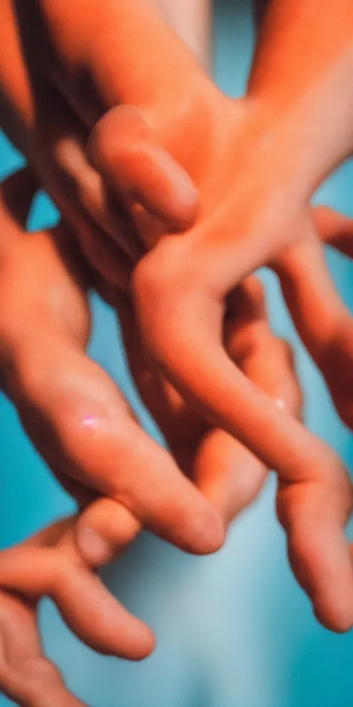 Prompt: a blurry closeup picture of skin gripped tightly, human bodies, hands, macro photography, long exposure photograph, surrealism, anamorphic bokeh, orange and cyan lighting, cinematic