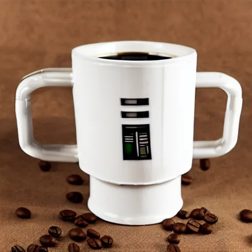 Prompt: 3CPO Mechanical Coffee Mug, still from star wars,