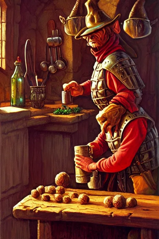 Prompt: classical oil painting, a fantasy kobold that is dressed as a medieval farmer, as a dnd character, inside the kitchen of a castle, cottagecore, highly detailed, digital illustration, concept art, smooth, sharp focus, art by tim hildebrandt, and greg hildebrandt