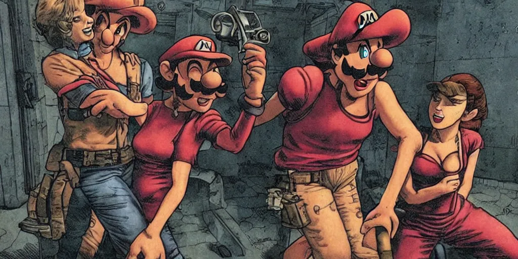 Prompt: mario and princess peach are in resident evil by richard corben