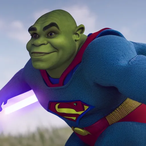 Image similar to shrek as superman in halo 5, splash art, movie still, cinematic lighting, dramatic, octane render, long lens, shallow depth of field, bokeh, anamorphic lens flare, 8 k, hyper detailed, 3 5 mm film grain