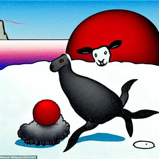 Prompt: cartoon drawing of a seal tossing a red ball with a sheep in antarctica. the seal's head is sticking out above the water and the sheep is standing near the edge of ice