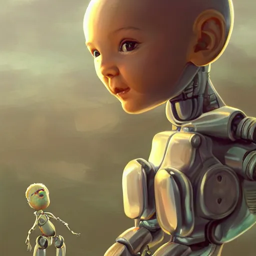 Prompt: clear portrait of robot baby, adorable appearance!!!, golden hour, happy apearance, cottagecore!!, background hyper detailed, character concept, full body, dynamic pose, intricate, elegant, highly detailed, digital painting, artstation, concept art, smooth, sharp focus, illustration, art by artgerm and greg rutkowski and alphonse mucha