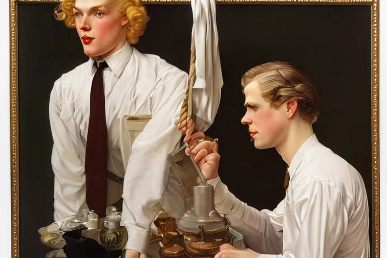 Image similar to Painting of lucius as a German tailor, long blond drill curls, delicate androgynous prince, pale milky white porcelain skin, by Leyendecker and Norman Rockwell