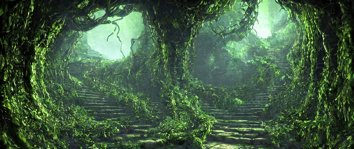 Image similar to a first person perspective shot looking up a stone staircase leading to an ancient stone archway that leads to an aaahh!!! Real monsters dimension covered in vines and emanating glowing yellow green light by James Gurney and beeple | unreal engine