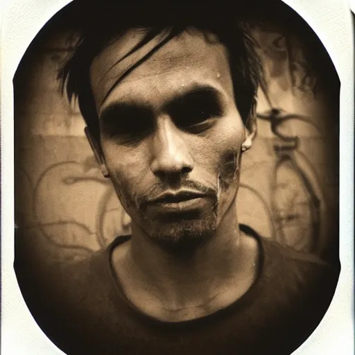 Image similar to polaroid picture, sepia, homeless manu chao in the streets of bogota, perfect face, symmetrical face, fine details, day setting, ethereal, trending on artstation