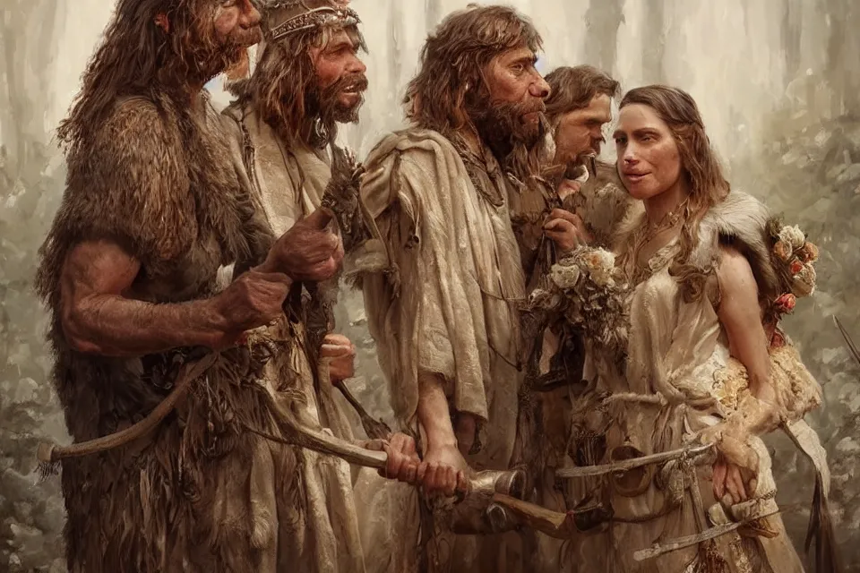 Image similar to historically accurate depiction of a Neanderthal wedding, highly detailed, centered, oil painting, artstation, realistic painting by WLOP
