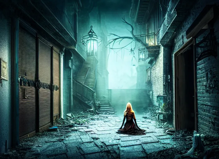 Prompt: photo of an alley of an abandoned city at night with a lone elven woman warrior sitting in the corner next to a closed door. Fantasy magic horror style. Highly detailed 8k. Intricate. Nikon d850 55mm. Award winning photography.