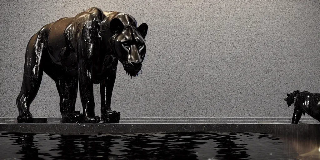 Image similar to the black lioness made of tar, bathing in the bathtub filled with tar, dripping tar, drooling goo, sticky black goo, photography, dslr, reflections, black goo, rim lighting, modern bathroom, hyper realistic, 8 k resolution, unreal engine 5, raytracing