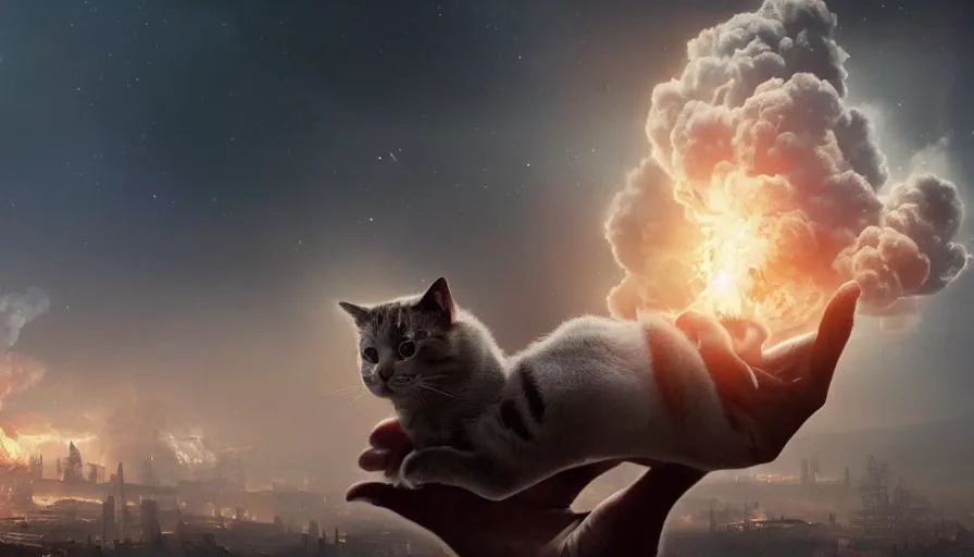 Image similar to a beautiful award-winning photo of a cyborg holding a small cat in his hands, serene post-nuclear background, a huge nuclear cloud, intricate details, numerous fires, volumetric lighting, haze, very high quality, extremely detailed, subtle visual noise, unreal engine 5, hyperrealistic, 8K