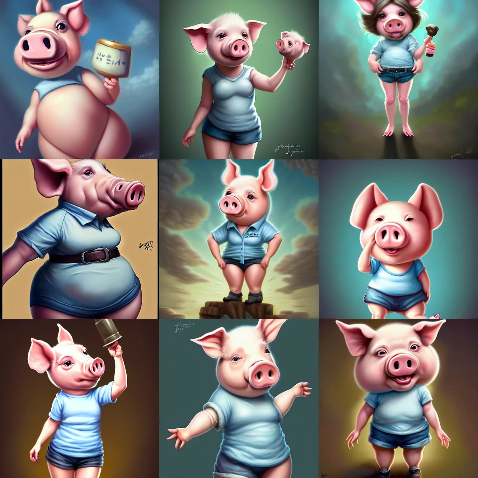 Prompt: cute little anthropomorphic funny female pig wearing shorts and a pale blue shirt!! tiny!! fully clothed!!! small, short, cute and adorable, character art portrait, matte fantasy painting, deviantart artstation, by jason felix by steve argyle by tyler jacobson by peter mohrbacher, cinema