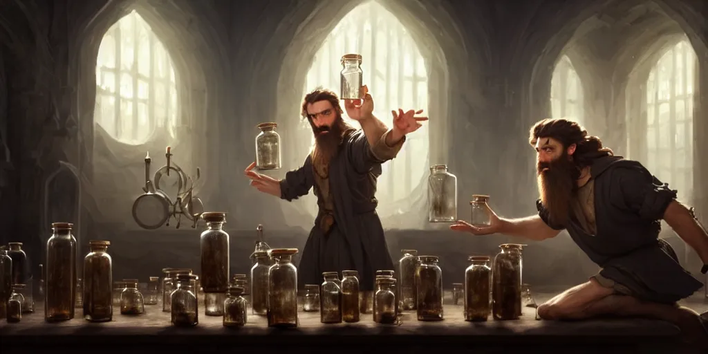 Image similar to a handsome bearded white male dark sorcerer with brown hair he is casting a spell from his hands, he is in a alchemist workshop filled with beakers and equipment, neutral pose, sharp focus, waist up, epic composition, 4 k, by greg rutkowski, rudy siswanto and anna podedworna