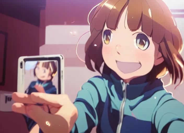 Image similar to closeup portrait of ochaco uraraka from my hero academia taking a selfie with her shoe collection, comfy, lofi, gentle, anime, intricate, sharp focus, lens flare, bloom, illustration, highly detailed, digital painting, concept art, matte, art by ruan jia and wlop and greg rutkowski, masterpiece