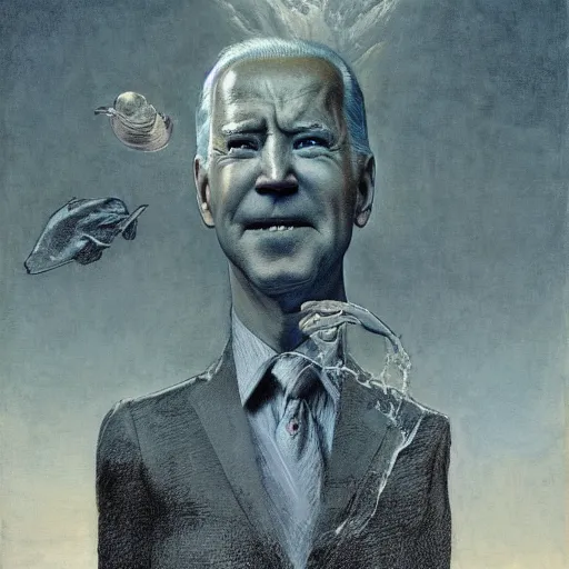 Image similar to terrifying, surreal portrait of joe biden standing up to his shoulders in turbulent, shadowy water by j. c. leyendecker, bosch, william blake, stephen gammell, jon mcnaughton, and beksinski