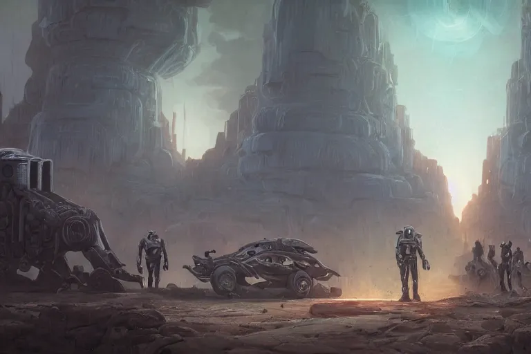 Image similar to ancient alien portral, a crowd of androids walking in a straight line along a path towards a portal, pilgrimage, in mad max style, stargate, coriolios rpg art style, full of details, dark sci - fi, cold blue colors, matte painting, artstation, 8 k, hyperrealistic, style of peter mohrbacher