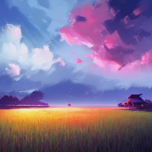 Image similar to beautiful scenery of a ricefield, by anato finnstark, by alena aenami, by john harris, by ross tran, by wlop, by andreas rocha