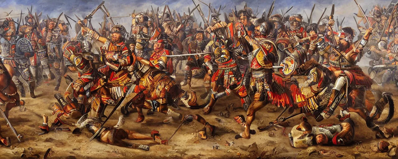 Image similar to spaniards conquerors fighting aztec jaguar warriors between the mexican pyramids, daniel lezama painting style, hyperrealistic, highly detailed