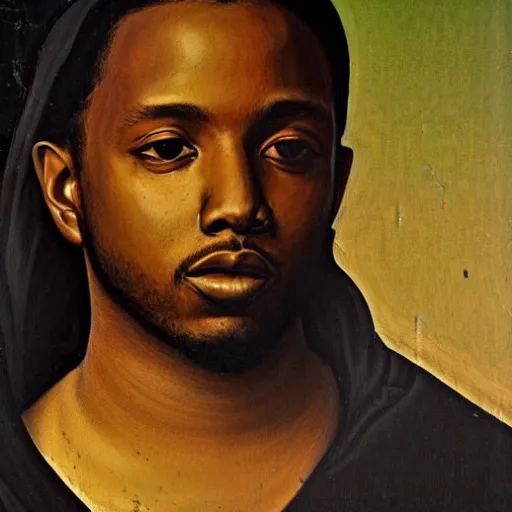 Image similar to a renaissance style portrait painting of kendrick lamar