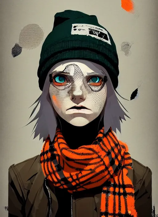Prompt: highly detailed portrait of a sewer punk lady student, freckles, beanie cap, tartan scarf, white hair by atey ghailan, by greg rutkowski, by greg tocchini, by james gilleard, by joe fenton, by kaethe butcher, gradient, orange, black, brown and cream color scheme, grunge aesthetic!!! white graffiti tag wall background