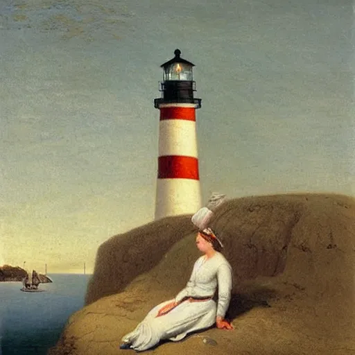 Prompt: woman sitting on wall looking at the ocean. lighthouse. stars. fireflies. winter. dutch master