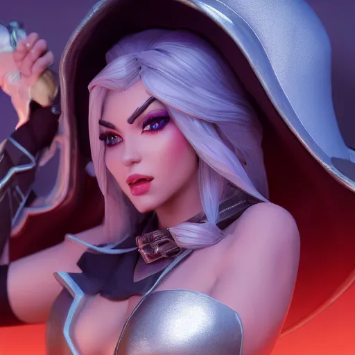 Image similar to still of pretty Ashe (League of Legends) in KDA More music video. 3d render, octane render, game art, realistic, highly detailed, trending on artstation, 4k, trending on artstation, pixar, cgsociety, unreal engine 5, redshift render, trending on artstation, blender, behance, cg