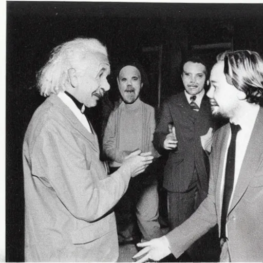Image similar to old polaroid photo of Albert Einstein meeting Leonardo Dicaprio