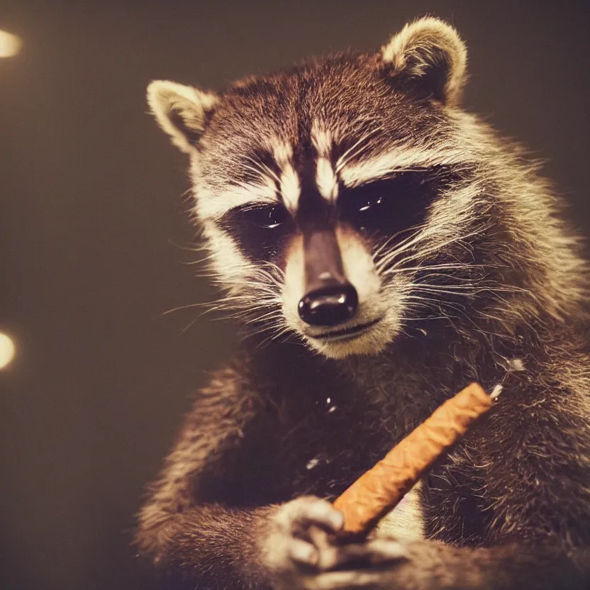 Prompt: close up photo of rocket raccoon solemnly smoking a cigar in a dark room, soft focus, shallow depth of field, smooth dreamy autochrome, dim lighting, somber solitary melancholy, silent contemplative atmosphere, 8k masterpiece