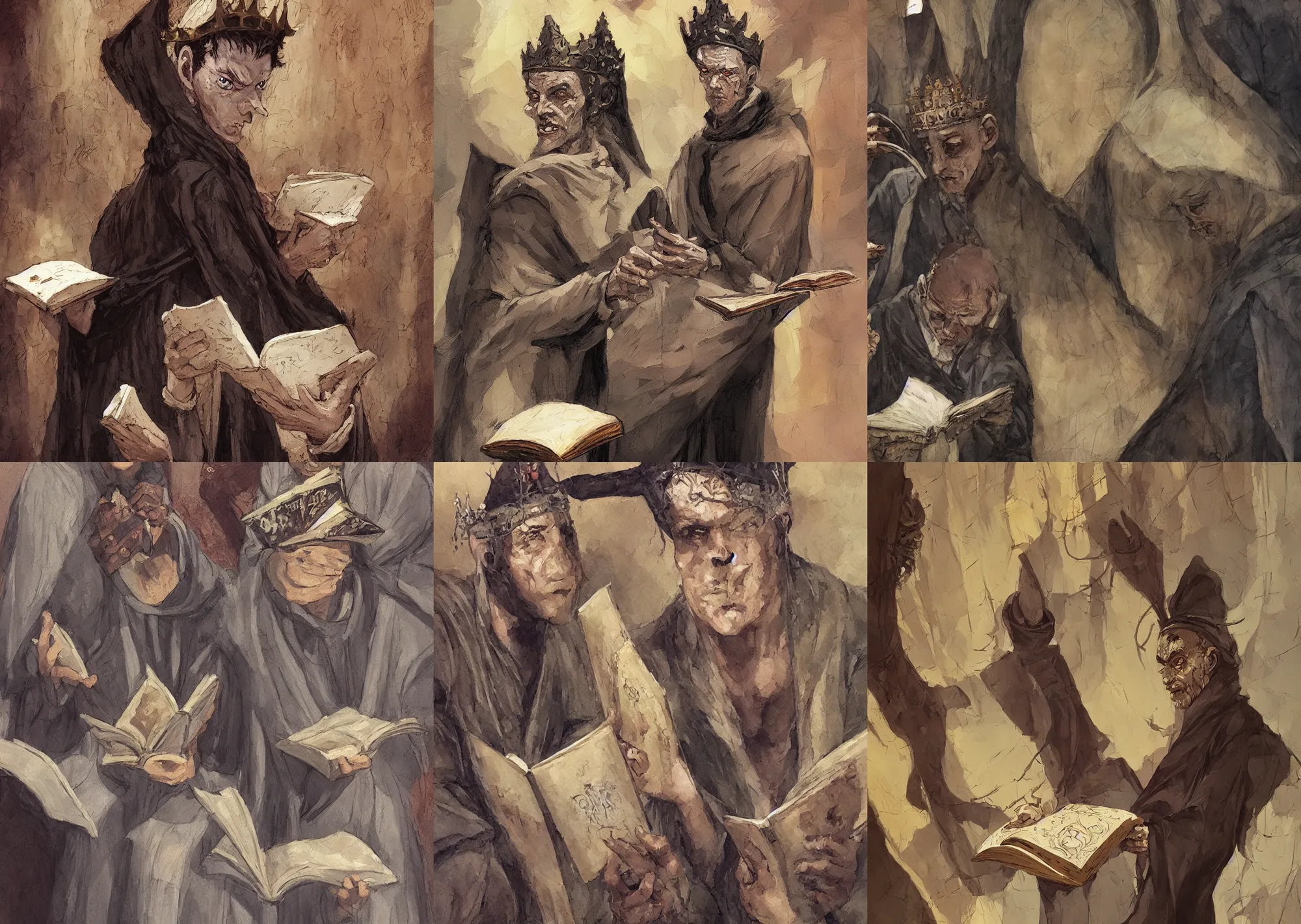 Prompt: A young man look at a book in his hand. He wear a long dark robe and a crown. By Régis Loisel and Enki Bilal and Tony Sandoval and Oliver Ledroit. Oil painting. Close-up