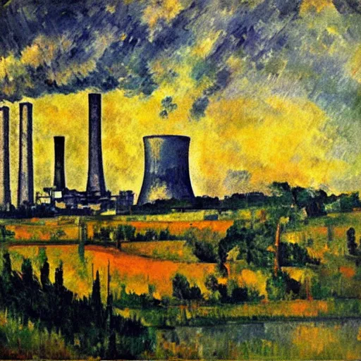 Prompt: nuclear power station in the style of Cezanne