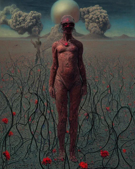 Image similar to A portrait of a woman wearing clothes made out of dying flowers, nuclear explosion in the background, Masterpiece, deep black skin, glowing, wires everywhere, by Edgar Maxence and Ross Tran, Zdzisław Beksiński, and Michael Whelan, distant, gustav dore, H.R. Giger, 8k, octane render