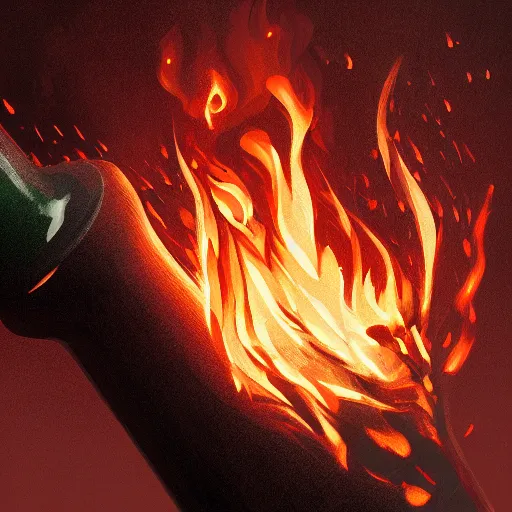 Image similar to closeup shot of a bottle with fire coming out, detailed digital illustration by greg rutkowski