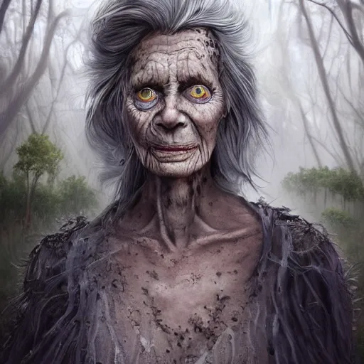 Prompt: fantasy portrait of an emaciated yet energetic old woman with silky, cloudy grey hair, black scars on her face, swamp vegetation in the background, nocturnal palette, art by greg rutowski, raphael lacoste, eddie mendoza, artgerm, trending on artstation