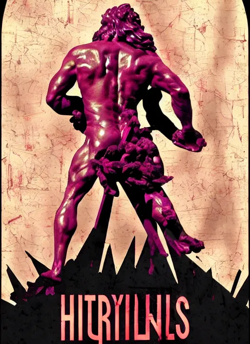 Image similar to dark design poster showing a statue of hercules, black background with very subtle red and purple design elements, subtle white lines, powerful, nekro, guido crepax, graphic design, collage art, dark, glitch art, neo vaporwave, gritty, layout frame, square, trending on artstation