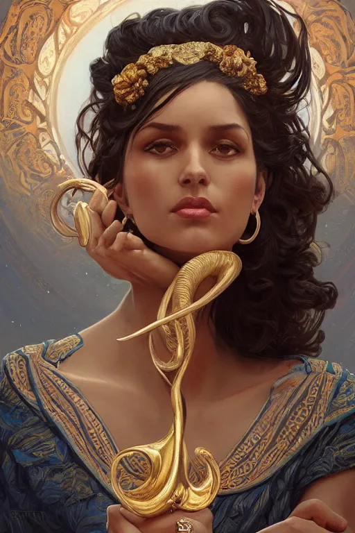 Image similar to a beautiful deep blue skinned woman, big ram horns, flowing dress, gold jewellery, dnd, face, fantasy, intricate, elegant, highly detailed, digital painting, artstation, concept art, smooth, sharp focus, illustration, art by artgerm and greg rutkowski and alphonse mucha