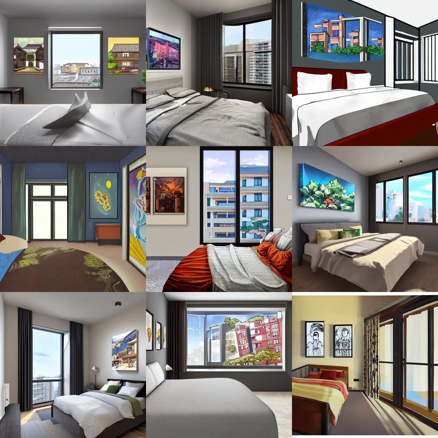 Prompt: an apartment complex as seen from inside, bedroom, with four paintings on the wall, and a window to the left of the bed in a detailed anime style