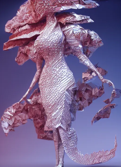 Image similar to a beautiful anthropomorphic lionness woman made out of ceramic and diamonds wearing a flowing salmon colored paper dress, a futuristic subway stop made out of origami, paper origami, many origami orchid flowers, heavenly light, 3 d, very detailed, octane render, trending artstation, artgem