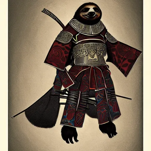 Prompt: graphic, hyperreal illustration of anthropomorphic sloth in traditional samurai armor : : digital art, concept art, character development