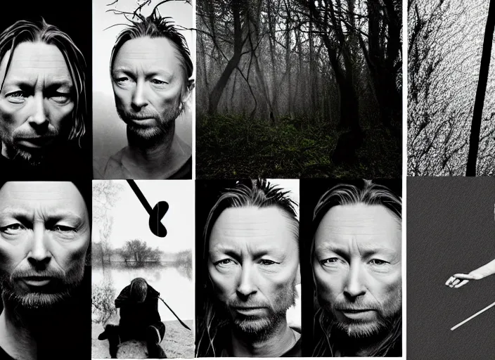 Image similar to beautiful photographs of prints of thom yorke pictures on a table, hyper realistic, variations of thom yorke holding a stick, right side profile, forest, water, moon, high quality photograph, mixed styles, intricate details, diverse colors, deep emotional impact