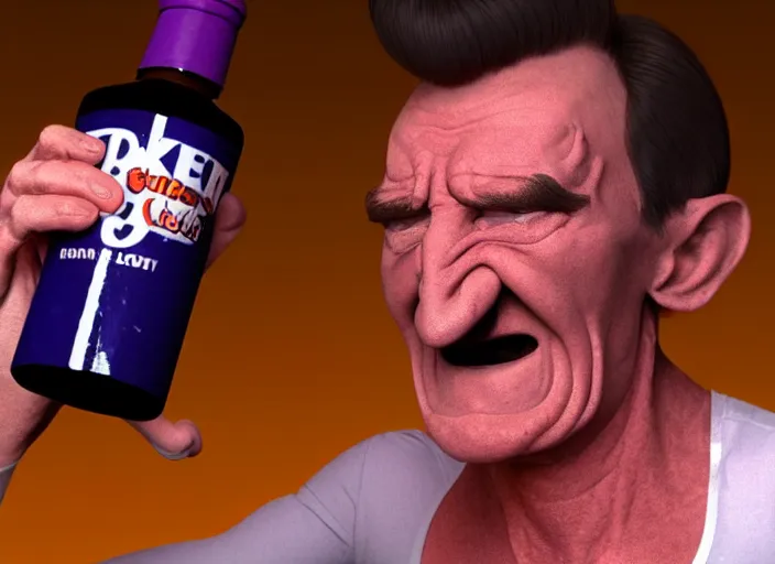 Image similar to barry chuckle chugging a bottle of snake oil, artwork by richard corben, 3 d, high resolution 8 k