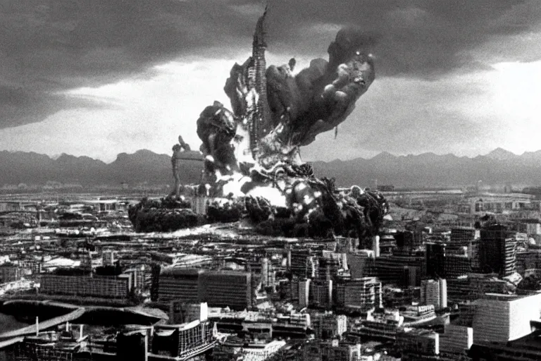 Image similar to a filmstill of Kim Jong-il, monster destroying Pyongyang, in Godzilla (1954) by Ishirō Honda, traditional Korean city, palace, epic ultrawide shot, cinémascope