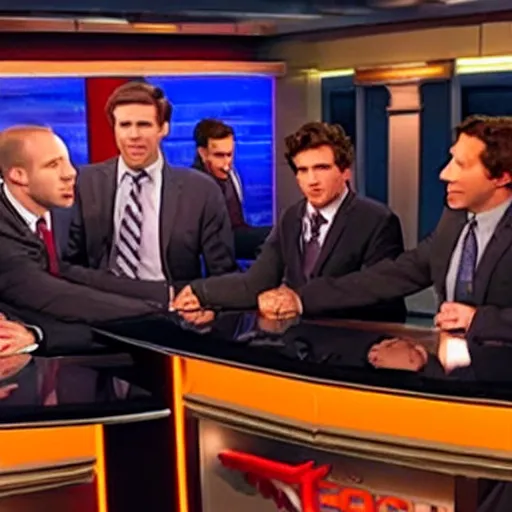 Image similar to a high quality photograph fox news broadcast screesshot of max blumenthal, jimmy dore, aaron mate, tucker carlson, matt taibbi, glenn greenwald having a tickle fight on tucker carlson tonight