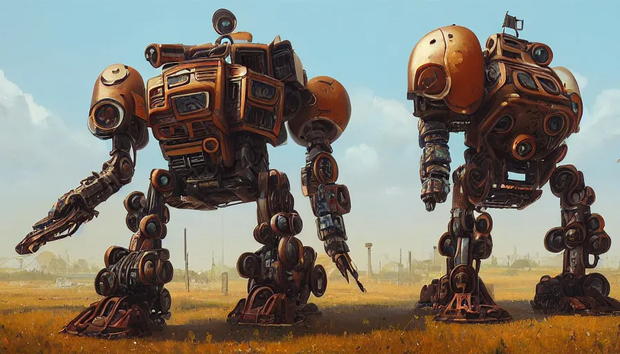 Image similar to an intricate oil painting of a giant scrap metal anime armored tank humanoid mecha with rounded components by simon stalenhag