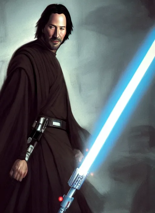 Image similar to close - up keanu reeves as a jedi holding a lightsaber, greg rutkowski, 8 k, shallow depth of field, intricate detail, concept art,